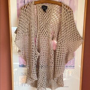 Pure Handknit Racerback Loose Open Knit Cotton Crochet Shawl Sweater, Size M/L
